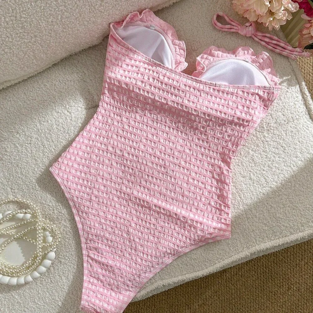 Pink Cute Special Fabric Plaid Flounce Halter One-Piece Suit